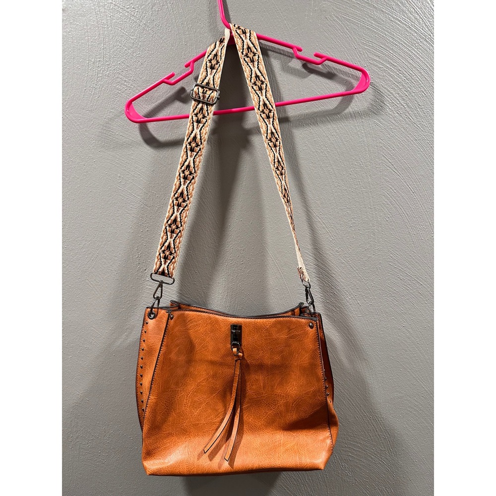 Sam & Hadley Cognac Vegan Leather Crossbody Bag Tribal Guitar Strap Studded Tan